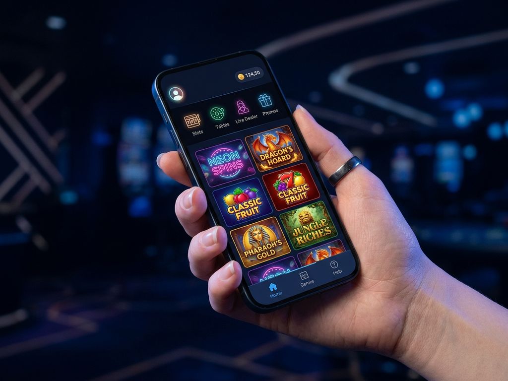 Smartphone showing casino slot lobby